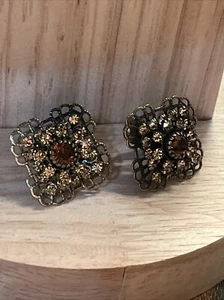 Vintage Avon Bronze Topaz Color Rhinestone Square Clip On Earring Retro Elegant - Picture 1 of 7