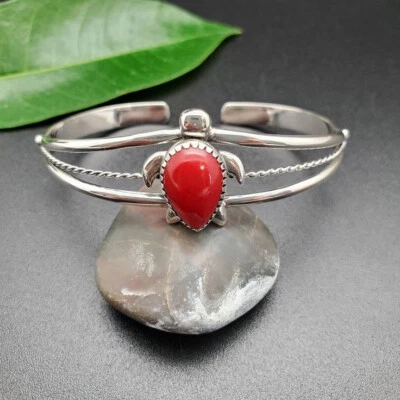 Hermoso brazalete hecho a mano de plata de ley 925 con piedras preciosas de coral rojo RM-25 Foto 1 de 4