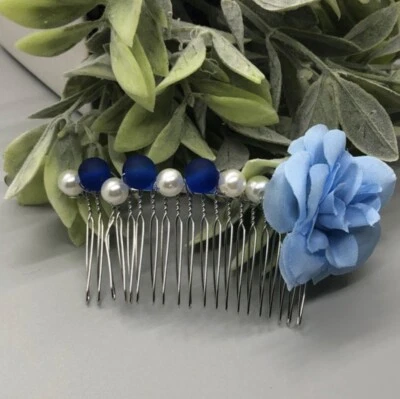 Formal Wedding Baby Blue Flower White Beaded 3.5” Silver Tone Hair Comb Foto 1 de 2