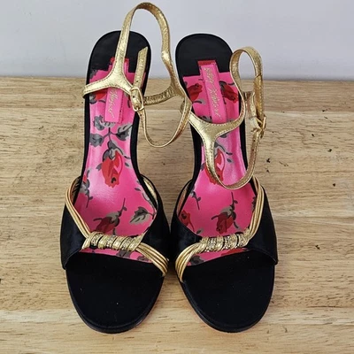 Betsey Johnson Womens 6 Black Gold Open Toe Heels Ankle Strap High Heel Shoes - Image 1 of 4