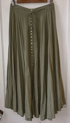 Pyramid Collection Green Button Front Embroider Trim Boho Prairie Maxi Skirt M - Image 1 of 4