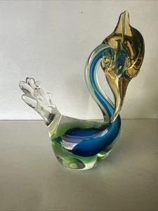 VTG Murano Style Hand Blown Glass Water Bird MCM Blue Green Yellow - Picture 1 of 9