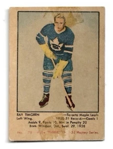 1951-1952 Parkhurst Ray Timgren Rookie Card Hockey Card Toronto Maple Leafs - Picture 1 of 2