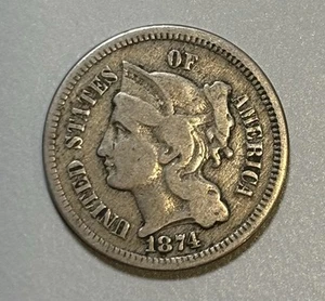 1874 THREE CENT NICKEL CIRCULATED - Picture 1 of 3