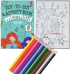 CHILDRENS Kid's Boys Girls COLOURING ACTIVITY DOT 2 DOT Book MERMAID + PENCILS - Picture 1 of 7