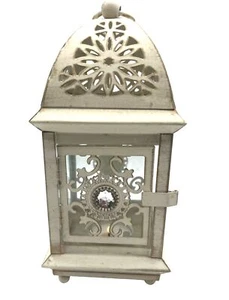 Linterna metálica decorativa vintage Pier 1 con paneles de vidrio piedras de cristal de 9" de alto - Imagen 1 de 5