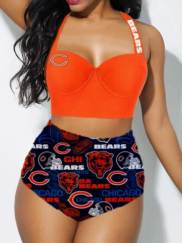 Chicago Bears Women's 2PCS Bikini Set Beach Halter High Waist Bathing Suit Gift Cover