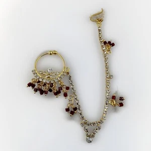 Polki Nath Indian Style Gold Tone Red White Rhinestone Nose Ring & Chain - Picture 1 of 2