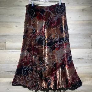 Chico's Vintage Samt Ausbrenner Midi Rock Größe 1 = MED/8 dunkel Blumen Seide Viskose - Bild 1 von 8