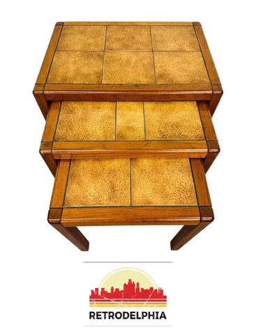 Vintage Danish Modern Teak Tile Top Nesting Tables Cover