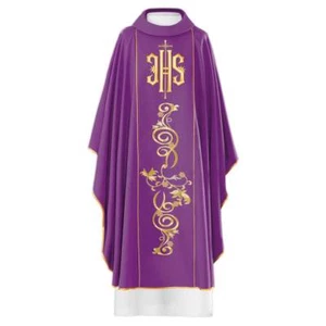 Vestimenta de casulla católica bordada gótica púrpura y estola con símbolo IHS - Imagen 1 de 3