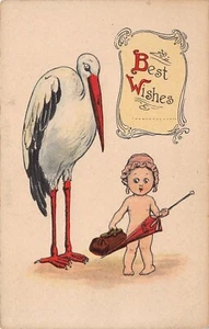 Vintage Baby Ankündigung Beste Wünsche Storch Baby Mädchen mit Tasche und Regenschirm - Bild 1 von 2