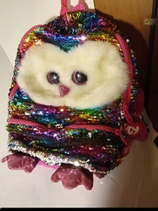 Ty Beanie Boos Owen the Owl 12” Plush Backpack Zipper Pink Rainbow Bird - Picture 1 of 3