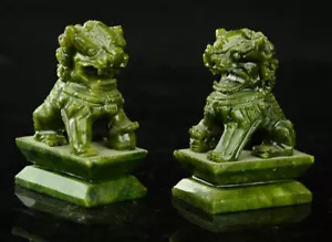 Rare A pair of 100% China natural green jade hand-carved statues fo dog lion - Picture 1 of 7