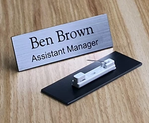 Custom Engraved Brushed Silver Name Tag Badge & Pin | Employee Identification ID - Picture 1 of 1