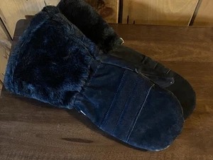 VTG Black Suede Mittens Faux Fur Trim Cuff 100% Acrylic Lined M 70s Cozy Winter - Picture 1 of 4