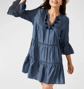 NUEVO CON ETIQUETAS TOMMY BAHAMA L Cambray Bordado En Niveles Vestido de Encubrimiento Azul Tencel Lyocell - Imagen 1 de 5