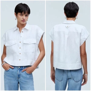 Madewell Womens Flap-Pocket Button Up Linen Shirt S Eyelet White Quiet Luxury - Picture 1 of 8