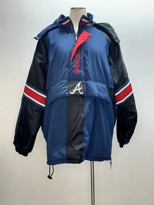Vtg Atlanta Braves 90s STARTER Men’s XL Puffer Hooded Baseball  Zip Jacket Genu - Image 1 of 4