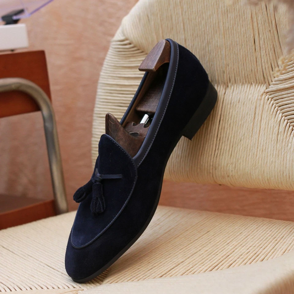 Mocassim retrô borla britânico masculino couro camurça real sapatos de negócios casuais - Imagem 1 de 4