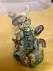Happy Easter Bunny Painting Rainbows Ceramic Figurine - Picture 1 of 4