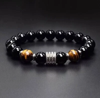 Pulsera Ojo de Tigre y Obsidiana Negra 8mm Cuentas con Acero Inoxidable Foto 1 de 3