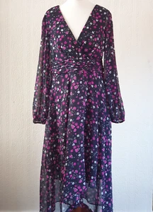 DKNY Floral Dress Navy Purple White Chiffon V Neck Long Wrap Lined Dress £99 - Picture 1 of 11