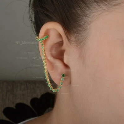 Zambia Emerald Gemstone Ear Cuff Chain Earrings Solid 14K Yellow Gold Jewelry - Image 1 of 4