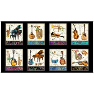Music Horn Piano String Instruments Black Cotton Fabric QT Fine Tuning 24" Panel - Picture 1 of 1