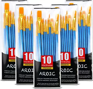Acrylic Paint Brush Set, 5 Packs / 50 Pcs Nylon Hair Brushes for All Purpose Oil - Picture 1 of 12