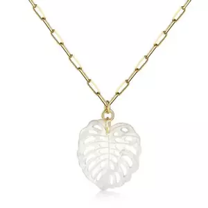 Damenkette Anhänger Gold Blatt 24K vergoldet Perlmutt Weiß Glücksbringer K6248D - Bild 1 von 5