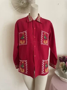 Vintage 30s Mexican Red Needlepoint Button Up Shirt S/M - Bild 1 von 12