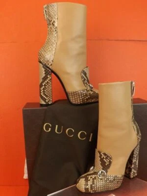 NUEVO EN CAJA BOTINES GUCCI 363803 LILLIAN BEIGE PITÓN MARRÓN HORSEBIT ITALIA 37.5 7.5 Foto 1 de 4