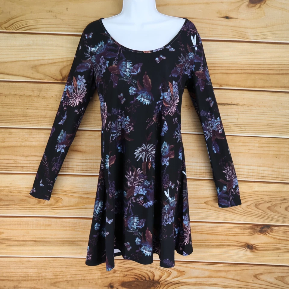 Vestido Mudd Manga Larga Mujer Talla M Negro Floral Tirantes Espalda Acento Elastizado Suave Foto 1 de 4