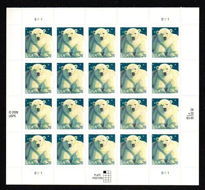 U.S. #4387 MNH, POLAR BEAR SHEET,  20X28 Cent., FV $5.60 (2009) - Image 1 of 2