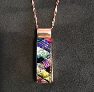 Sterling Silver 925 Multicolor Fused Art Glass  Pendant  16” Rope Chain Necklace - Picture 1 of 5