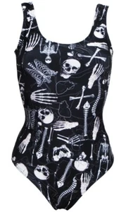 New Gothic Skeletons Skulls Bones Ribcage Heart Anatomy Print Swimsuit Bodysuit - Picture 1 of 3