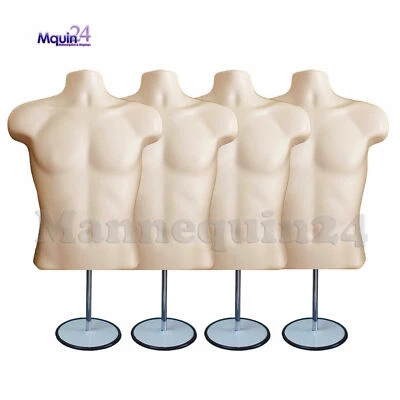 4 pack Male Torso Mannequin Forms FLESH w/4 Stands +4 Hanging Hooks Men Clothing - Image 1 of 4