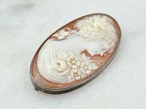 Antike viktorianische geschnitzte Muschel Göttin Kamee Damen Brosche Anstecknadel Sterlingsilber - Bild 1 von 4