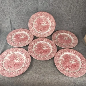 Set Of 6 Enoch Wedgwood Tunstall Ltd Woodland Dinner Plates Red White 11" - Picture 1 of 20