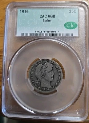 1916 25 Cents CAC VG8 Barber Silver Quarter - Image 1 of 4