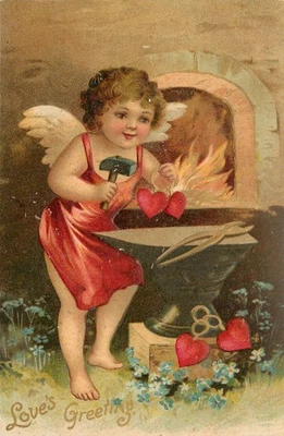 Clapsaddle Repujado San Valentín Cupido Herrero Forjando Corazones Foto 1 de 2