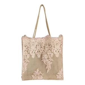Floral Lace Embroidery Beige Retro Perforated Tote Shoulder Bag Handbag - Picture 1 of 22