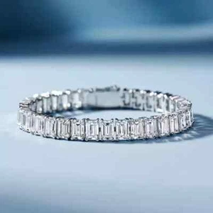 20Ct Emerald Cut Lab Created Diamond Women Tennis Bracelet 14K White Gold Plated - Picture 1 of 9