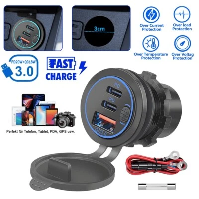 12V USB-C Steckdose PD & QC3.0 USB Einbau Buchse Wasserdicht KFZ-Ladegerät Dose. - Bild 1 von 4