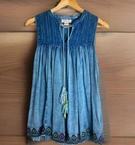 Blusa RACHEL ZOE Mujer Pequeña Lavada Azul Borlas Bordado Swing Tank - Imagen 1 de 8
