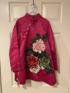 Chinese Style Girls Hot Pink Dress With 3D Embroidery Size M (7-8) New With Tag  - Picture 1 of 10