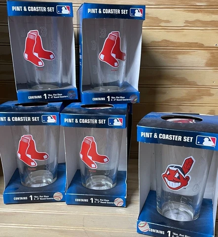 MLB 16oz Pint Glass & 4 Coasters Set Boston Red Sox, Cleveland Indians Cover
