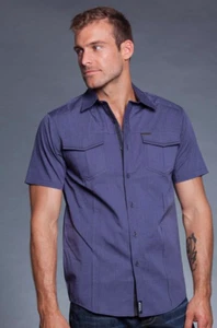 Bullzye Hustle Shirt Size S Short Sleeve Button Up Collared Blue Pockets Cotton - Picture 1 of 6