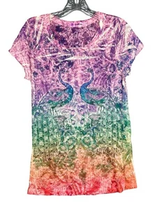 Vintage Y2K Fairygrunge Top Kurzarm Regenbogen Pfau Boho Whimsigoth Artsy - Bild 1 von 7